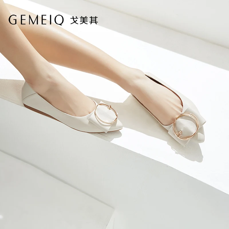 

GEMEIQ Full Grain Leather Shallow Pointed toe Nude Shoes 2019 spring New Comfortable Causal easy matching Flat Bottom Shoe women