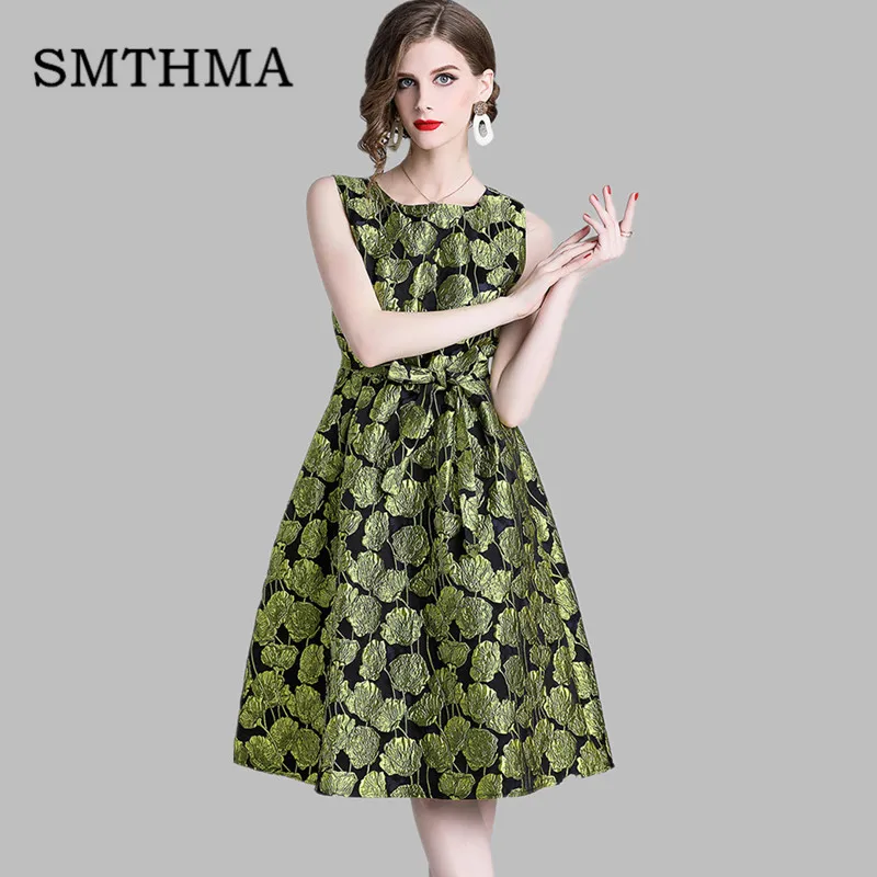 

SMTHMA 2019 Spring and Summer Dress Work Casual Party Slim O-neck Sleeveless Printing Dresses Women Jacquard Vintage Vestido
