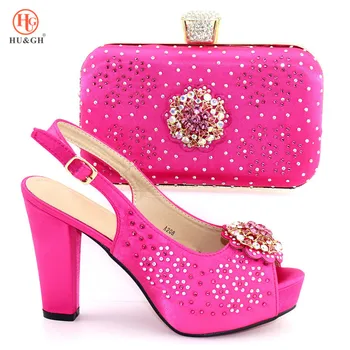 

2019 Fuchsia Color Matching Italian Shoe and Bag African Sets Nigerian Women Wedding Shoes and Bag Set With Appliques Crystals