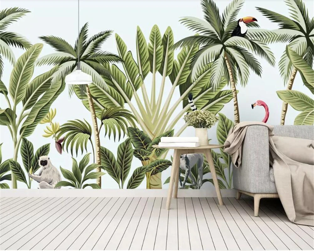 

Beibehang Custom 3d wallpaper modern hand-painted rainforest banana tree flamingo mural TV background wall 3d wallpaper tapety