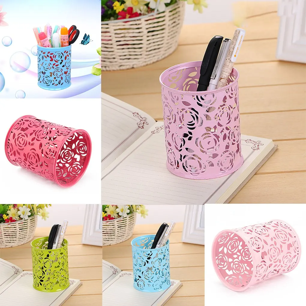 

New Arrival Hollow Rose Flower Pattern Brush Pot Holder Organizer Iron Round Practical Pen Pencil Cup Stationery