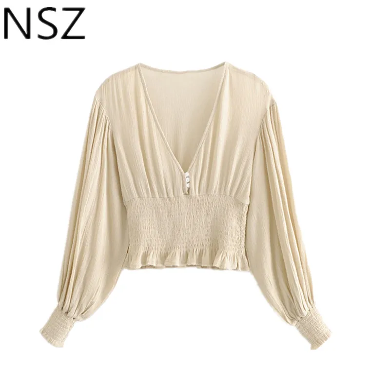 

Women Elastic Waist Crop Blouse Sexy Deep V Neck Button Design Short Shirt Female Pleated Chic Top Mujer Femininas Camisas