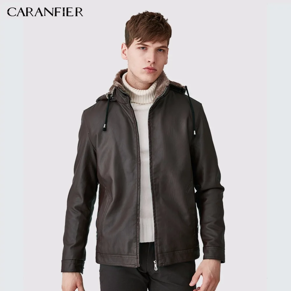 

CARANFIER Mens Leather Jackets Winter Warm Coats Plus Thick Outerwear Biker Motorcycle Male Classic Hooded Faux Jacket Windproof