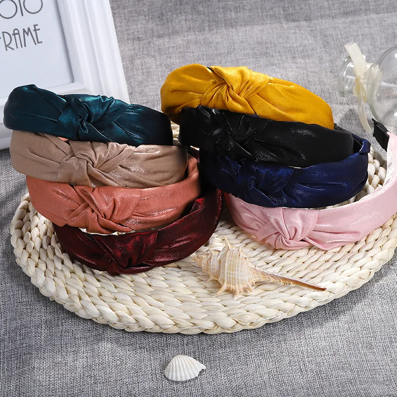 

New Stain Knot Headband for Women Bright Reflective Solid Fabric Hairbands Turban Vintage Wide Tiara Fashion Hair Accessories