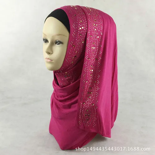 Сплошной хиджаб шарф со стразами Длинный шарф для мусульманки, хлопковый хиджаб шарф - Цвет: Color 6