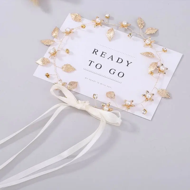 

Ladies Romantic Metallic Gold Leaves Flower Headband Wedding Bridal Imitation Pearl Rhinestone Hair Hoop Lace Up Ribbon Crown
