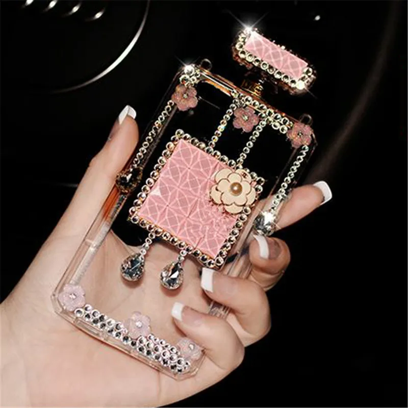 Aoweziic Luxury Perfume Bottle cover For iphone XR 6s 7 8plus XS MAX Diamond gem Flowers Soft Clear TPU phone case with Chain