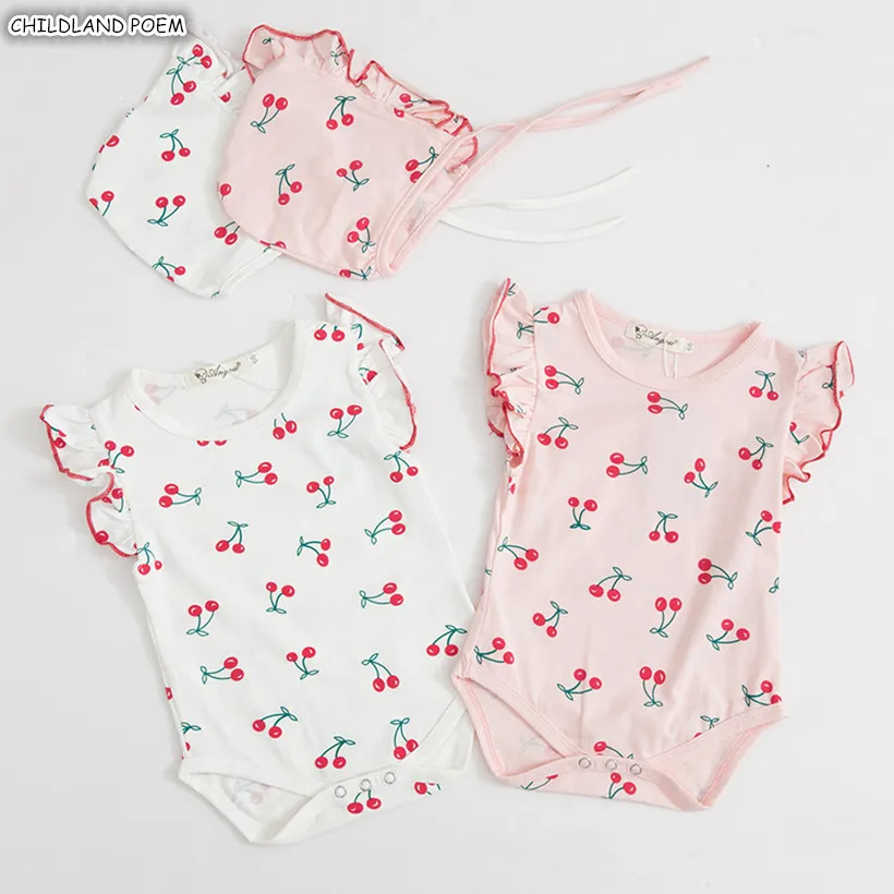 

Baby Girl Clothes Summer Newborn Baby Girl Romper Cherry 100% Cotton Infant Baby Clothes With Hat Ruffle Baby Jumpsuit Girls