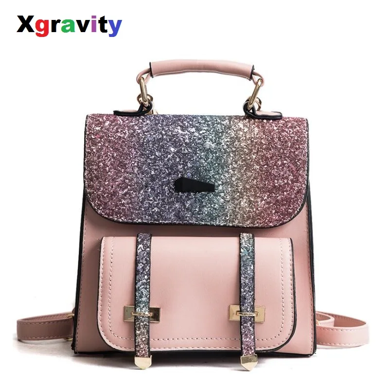 

Xgravity New 2019 Ladies Backpacks Elegant PU Glitter Bright Women Bags Fashion Student Girl Travel Bags Leisure Women Pack H113