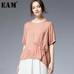 [EAM] 2019 новая весенне-летняя футболка с круглым вырезом и коротким рукавом, плиссированная повязка, необычная индивидуальная Женская модная