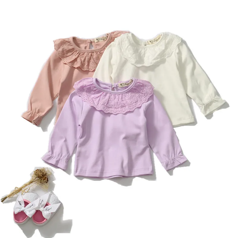 Весна-Осень, блузка для девочек, рубашки для мальчиков, хлопковая кружевная рубашка, Детская футболка с длинными рукавами, топы для маленьких девочек