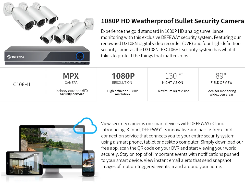 DEFEWAY 8CH 1080P DVR комплект 6 шт. 2.0MP 2000TVL камера P2P система ИК Открытый ночное видение комплект видеонаблюдения