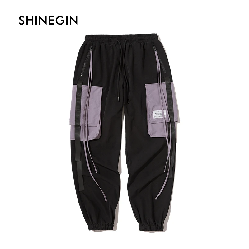 SHINEGIN Swag Ribbon Pants Hip Hop Cargo Pant Streetwear Men Harem Pants Patchwork Multi Pocket Trousers Casual Tatical Pants