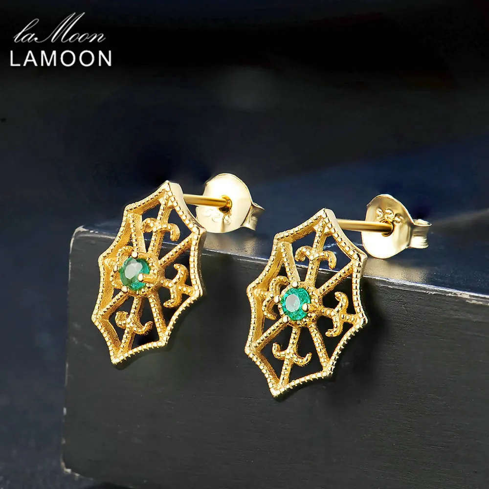 LAMOON Spider Web 2.5mm Round Cut Green Emerald 925 sterling-silver-jewelry Stud Earring S925 LMEI052