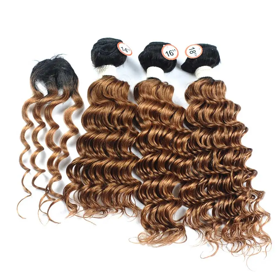Pinshair глубокая волна Малазийские Волосы 3 пучка с закрытием Ombre 1B 30 коричневые