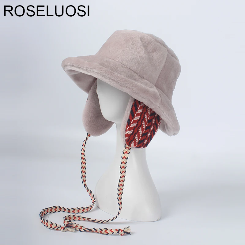 

ROSELUOSI Autumn Winter Thick Warm Bomber Hats For Women Casual Solid Color Faux Fur Ear Flap Protection Cap