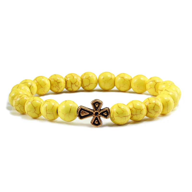 Новые модные женские браслеты с золотым крестом, ювелирные изделия с Иисусом, натуральный матовый камень, черный разноцветный бирюзовый браслет, мужские аксессуары - Окраска металла: yellow