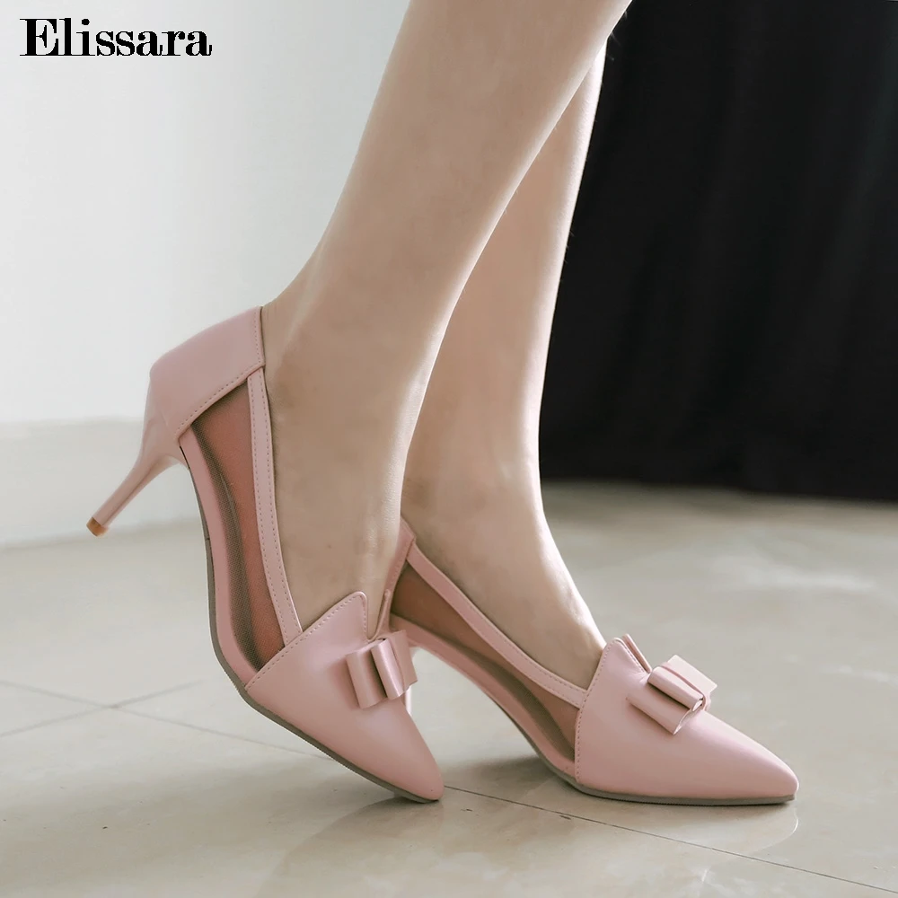 

New 2019 Women Sweet High Heels Pumps Shoes Woman Butterfly Knot Pointed Toe Pink Heels Wedding Pumps Shoes Size 31-43 Elissara
