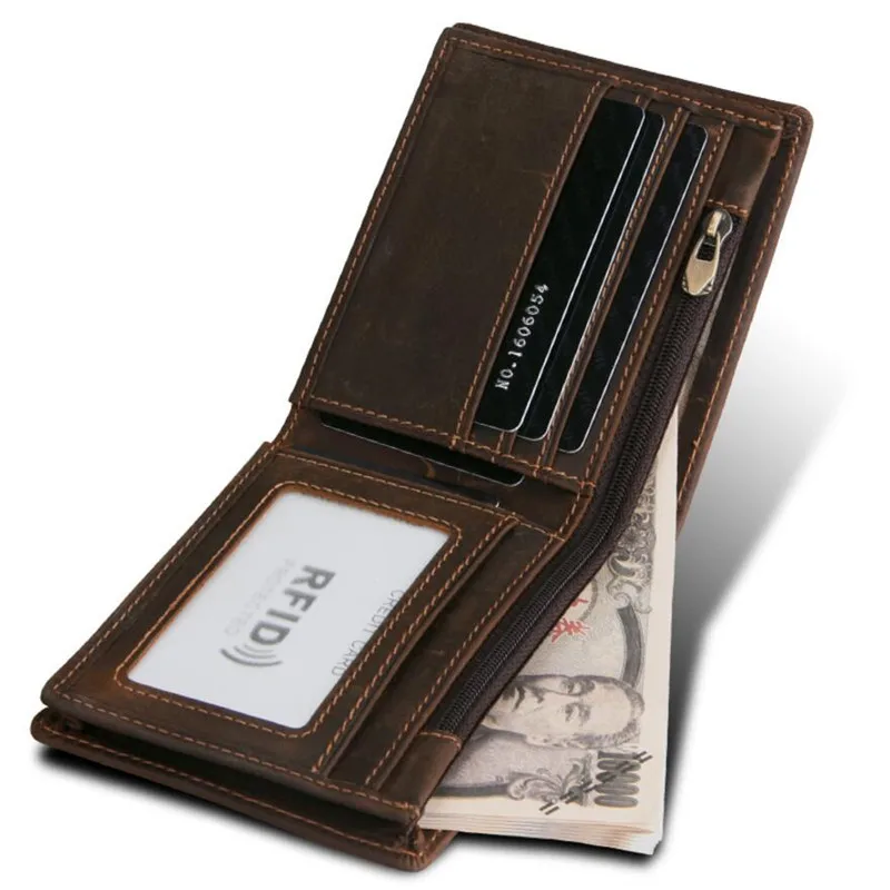 

Crazy Horse Genuine Leather Men Wallets Credit Business Card Holders RFID Protection Cowhide Leather Wallet Purse