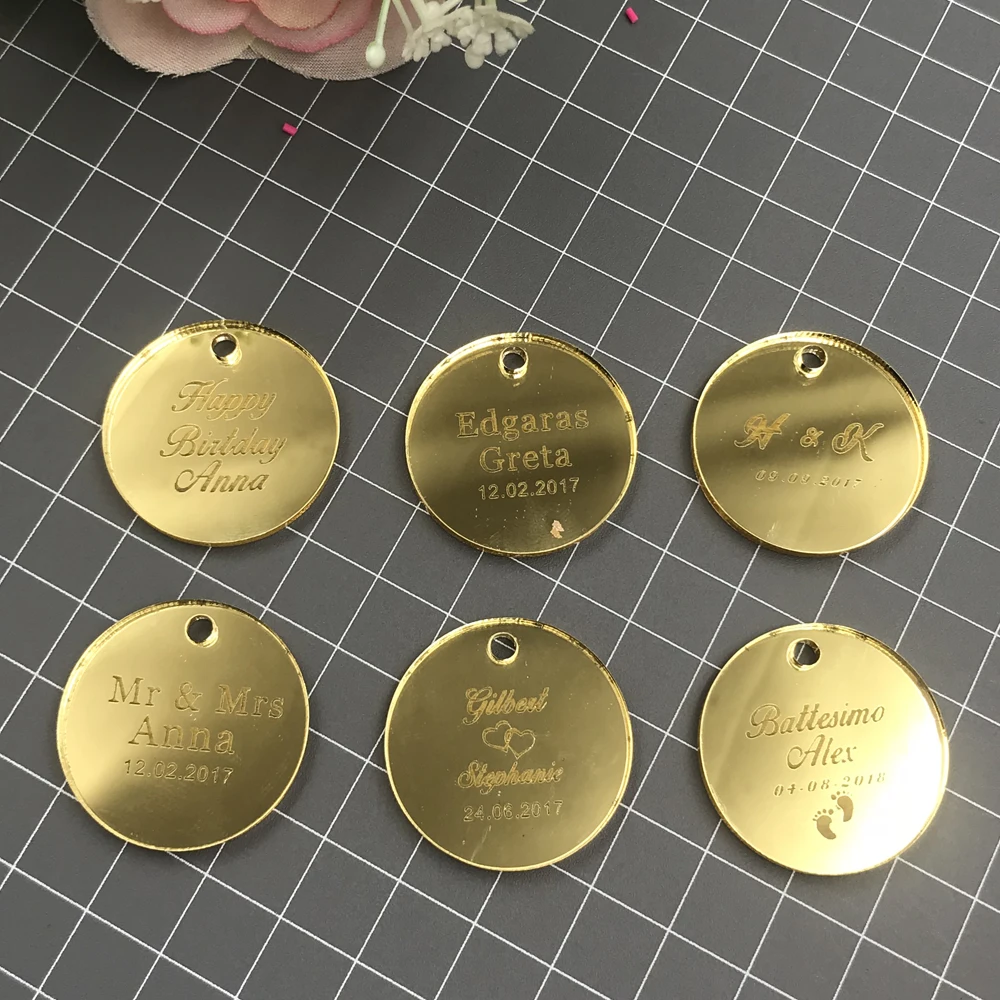 50 pcs Personalized Engraved Mirror  Clear Acrylic MR MRS Circle Wedding Table Centerpieces Decoration Favors Candy Box Tags (2)