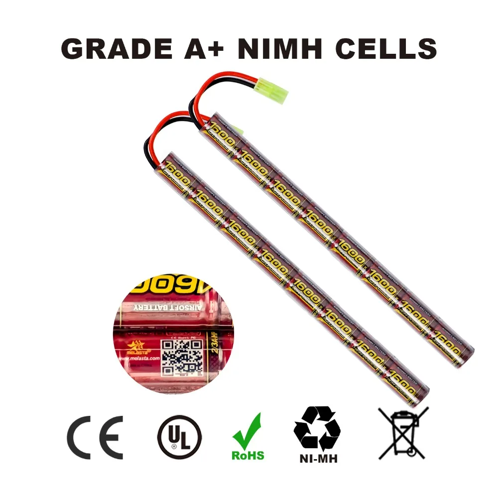 Melasta 2 pces3a 9.6v 1600 mah vara nimh airsoft armas bateria com mini conector tamiya para ak47