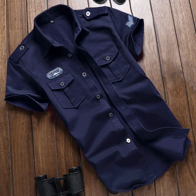 Рубашка в стиле милитари для мужчин тактика короткий рукав летние топы сплошной цвет карман 5XL плюс Размер одежда - Цвет: Тёмно-синий