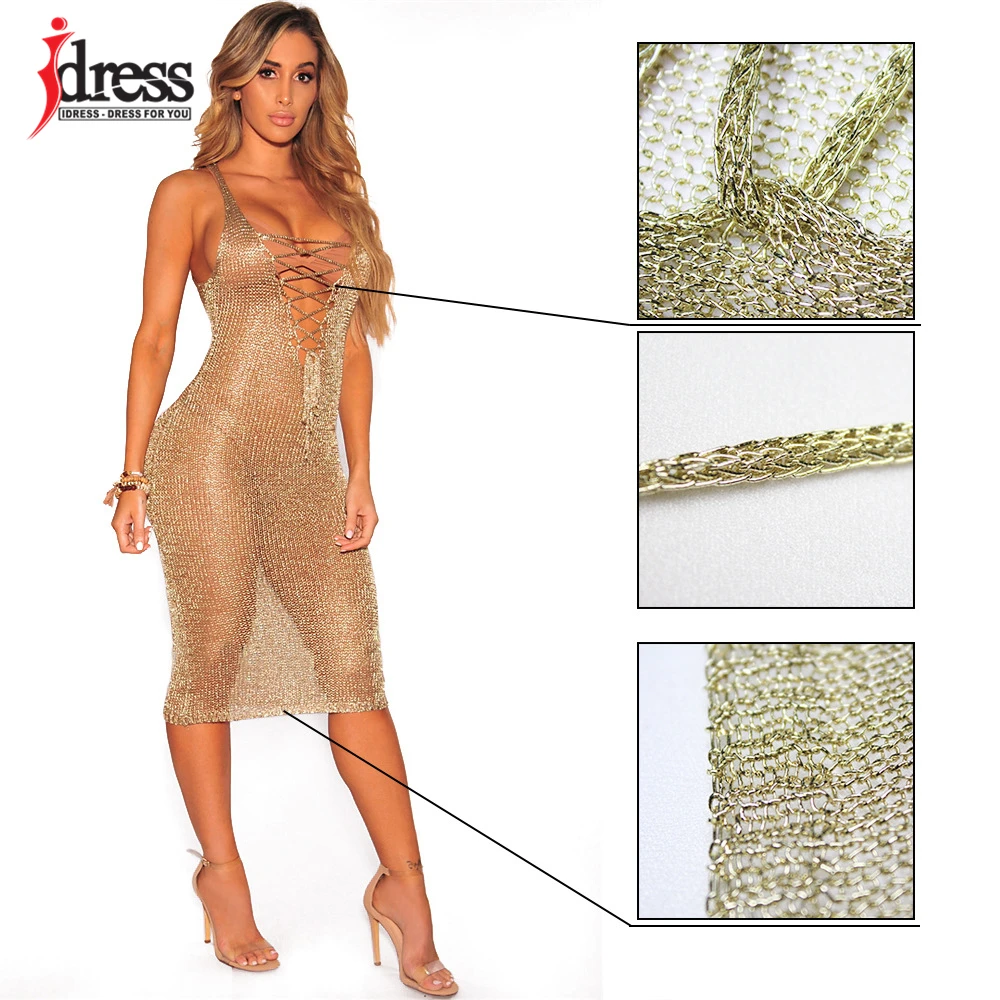 IDress Big Size Rose Gold Women Casual Sleeveless Hollow Out Golden Women Beach Dresses Deep V Neck Lace Up Tank Dress Vestidos (2)