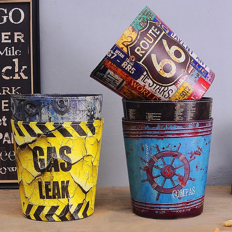 Retro Leather Trash Cans Home Waste Bins Kitchen Living Room Decoration Storage Bucket Ornaments Art Crafts Clean Supplies