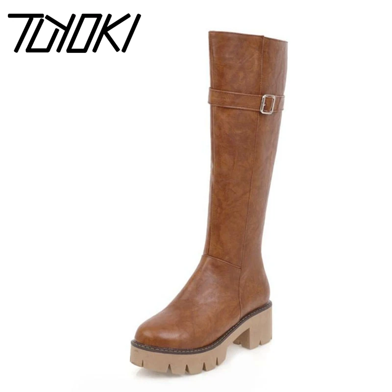

Tuyoki Pu Leather Women Knee High Boots Winter Warm Thick Sole Shoes Zipper Buckle Daily Boots Women Footwear Size 34-43