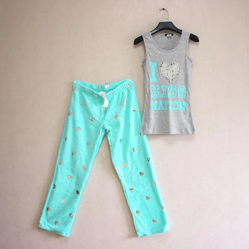 

Women Cotton Vest and Fleece Pants Home wear Pajama Sets Two pieces sleepwear Coral Velvet Loungewear