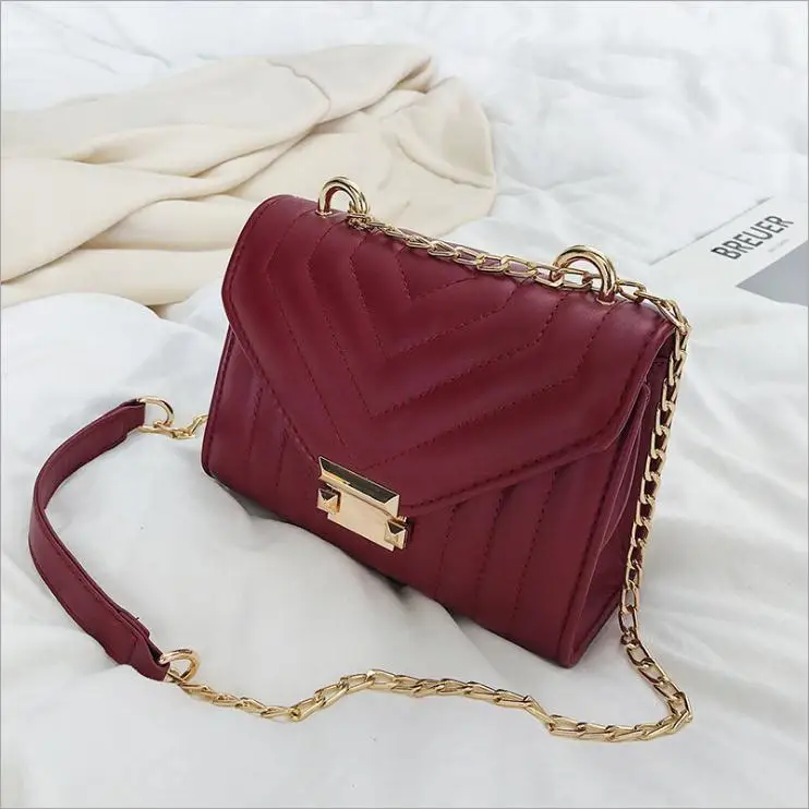 Женская сумка из искусственной кожи с v-образным узором, брендовая дизайнерская Высококачественная женская сумка на плечо, женская маленькая сумка-кошелек на плечо с цепочкой золотистого цвета - Цвет: Красный