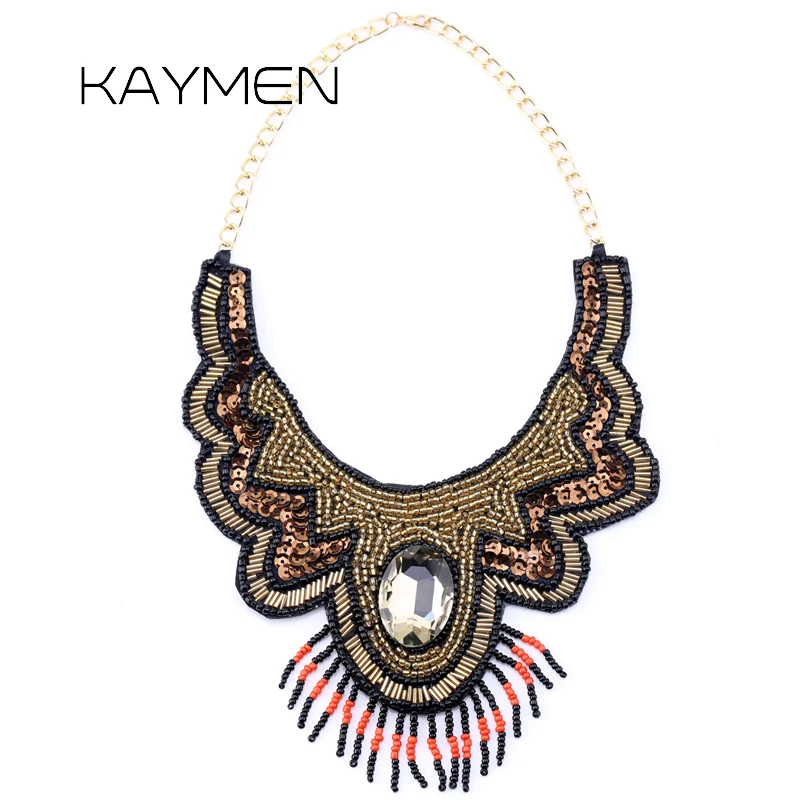 

KAYMEN Women's Fashion Statement Necklace Pendant Party Wedding Jewelry Tassels Fabric Crystal Beads Necklace Collar NK-01617
