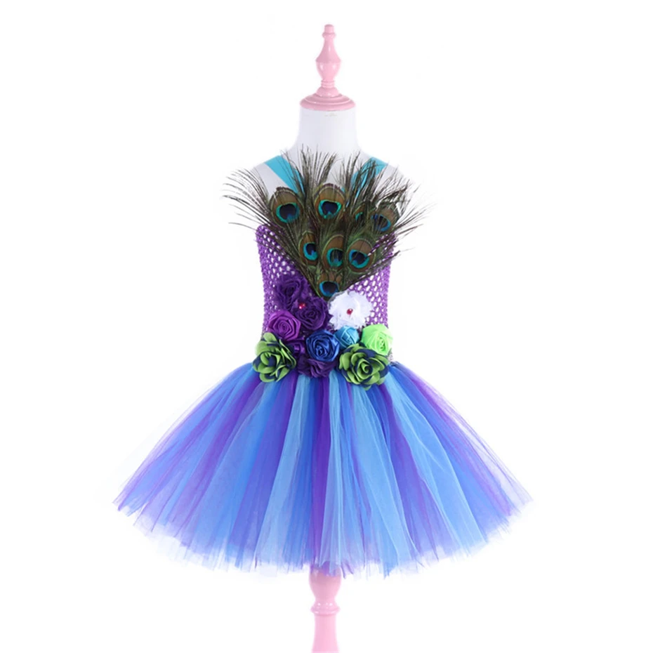 Платье-пачка с перьями павлина для девочек вечернее платье детское платье для девочек, пастельная Радуга, костюм принцессы vestidos