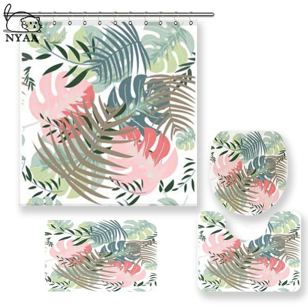 

NYAA 4 Pcs Blue And Pink Wild Leaf Pattern Shower Curtain Pedestal Rug Lid Toilet Cover Mat Bath Mat Set For Bathroom Decor