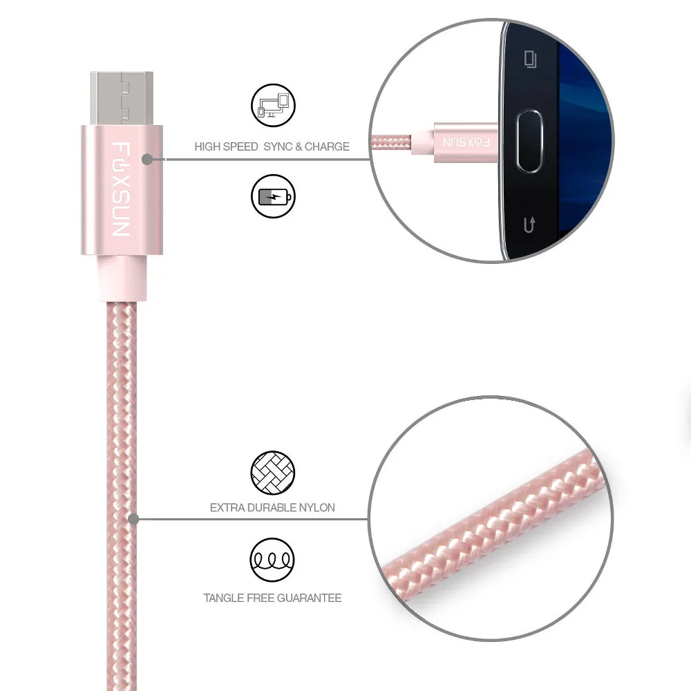 Foxsu نايلون مزين المسؤول مزامنة بيانات كابل usb إلى مايكرو سريعة موبايل لالروبوت ، سامسونج ، (الأسود والفضي والوردي والأخضر)