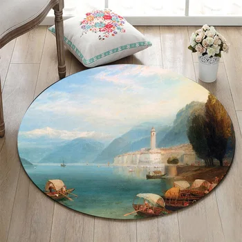 

Riverside Mountains Town And Boats Round Children's Room Floor Area Rugs Living Room Carpet Bathroom Non-Slip Cushion Door Mat