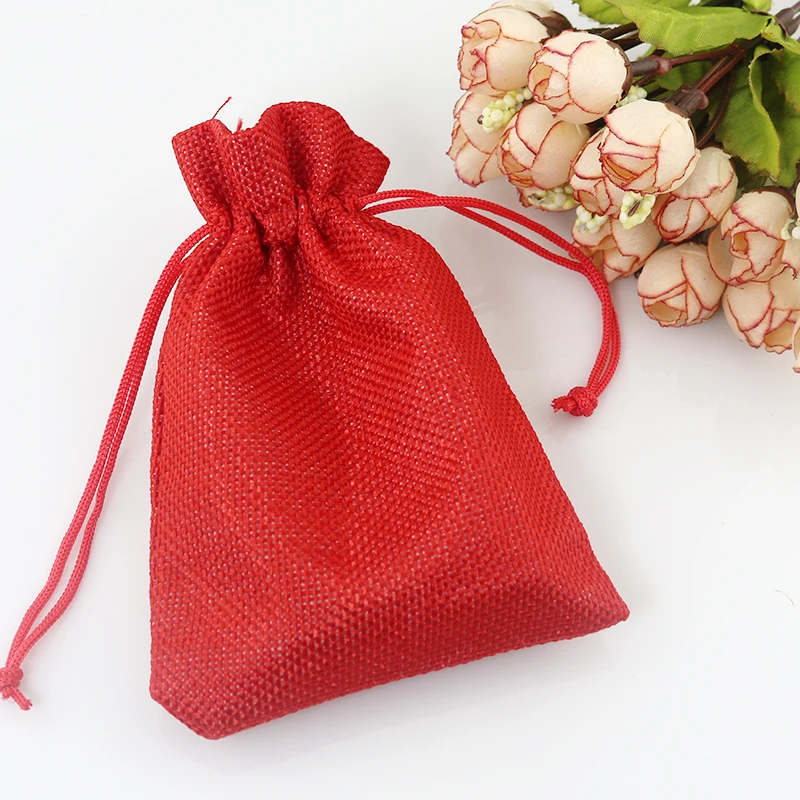 10PCS 7x9CM Small Drawstring Linen Bag Red Jewelry Gift Jute Bag For