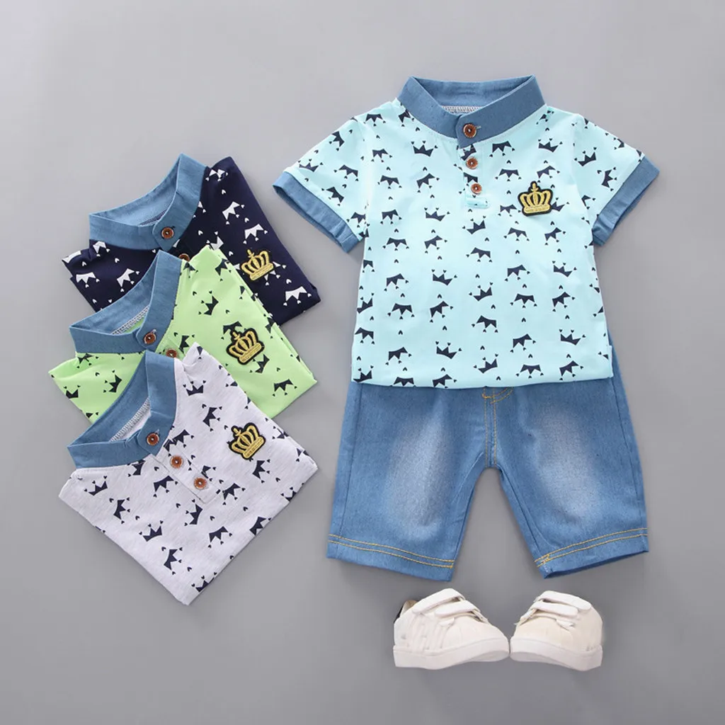 Kids Clothes Boys Summer Crown T Shirt Tops+ Denim Shorts Pants 2pcs Set erkek bebek giyim vetement enfant fille | Детская одежда и