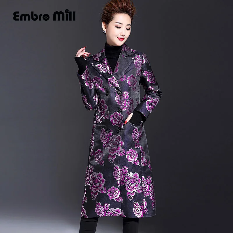 Runway women embroidered retro trench coat autumn embroidery plus size