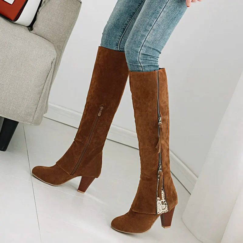 

Winter Women's Knee High Boots Retro High Heel Long Boots Fashion Autumn Vintage Tall Chunky Heeled Boots Black Brown Gray 2019