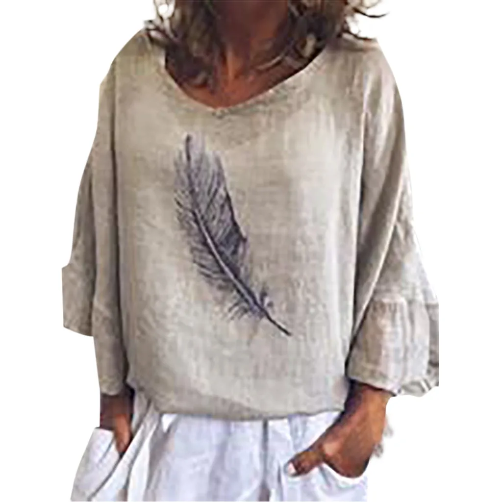 

feitong Fashion Women Feather Printed O-Neck Long Sleeve Tops shirt Casual Blouse kimono mujer blusas elegantes de mujer 2019