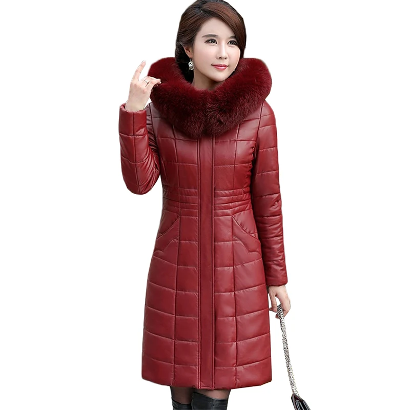

2018 Winter Leather Coat Female Medium Long Parka Jacket Hooded Large Fur Collar High Quality Leather Clothing Plus Size L-8XL