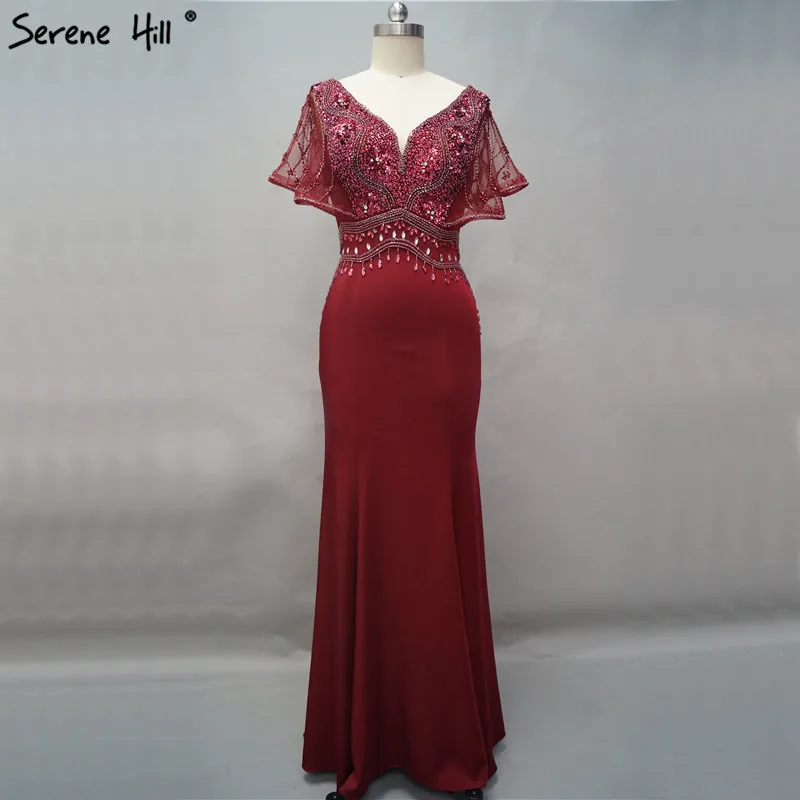 

Dubai Design V-Neck Wine Red Evening Dresses 2019 Real Photo Mermaid Beading Sequined Evening Gowns Serene Hill LA60739