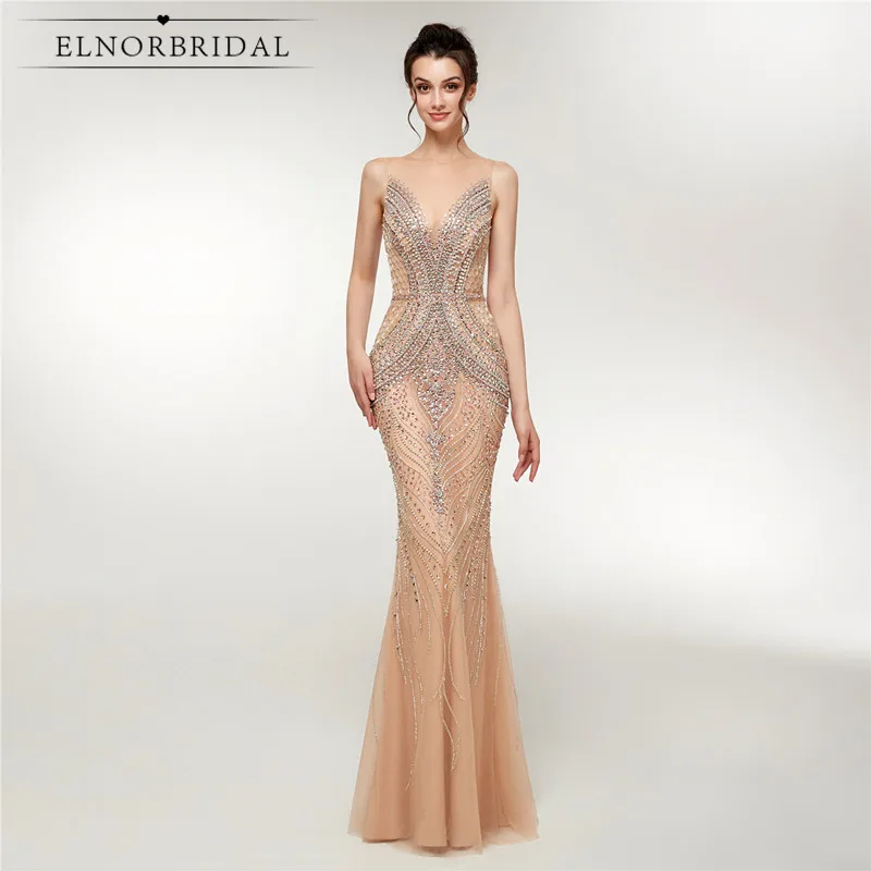 

Champagne Mermaid Evening Dresses 2019 Robe De Mariee Real Photos Luxury Illusion Back Formal Dress Beaded Crystal Dinner Gowns