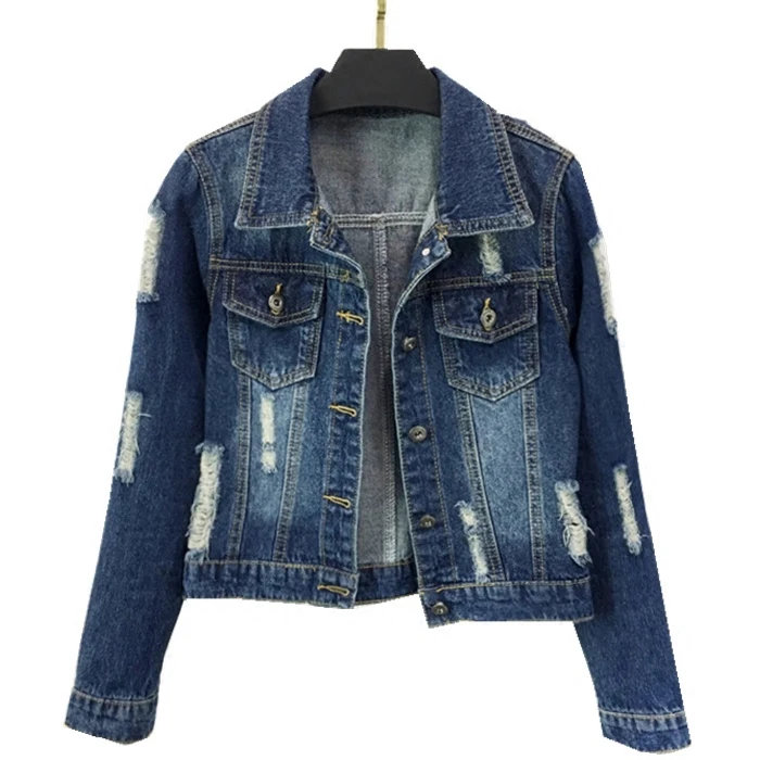 

Jeans Jacket Women Casacos Feminino Slim Ripped Holes Denim Jacket Femme Elegant Vintage Long Sleeve Basic Coats