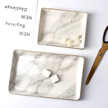 

Nordic Style Marbled Square Plate Hand-painted Gold-plated Jewelry Storage Tray Home Dinner Snack Cake Plate Desktop Craft Decor