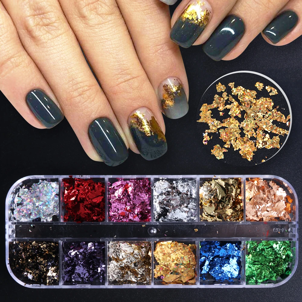 

1 Box Nail Glitter Gold Foil Irregular Platinum Flakes Laser Chrome Chameleon Paillette Pigment Powder Nail Art Decoration LA950