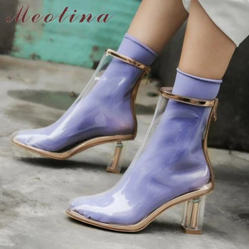 

Meotina Brand Design Autumn Transparent Boots Women PVC Ankle Boots Zipper Block High Heel Short Boots Spring Shoes With Socks
