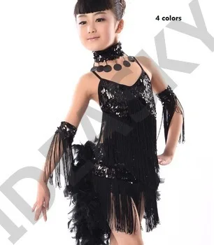 Free Shipping kids child girls latin Dress sequin tassel latin dress samba feather costumes ballroom dance competition dresses