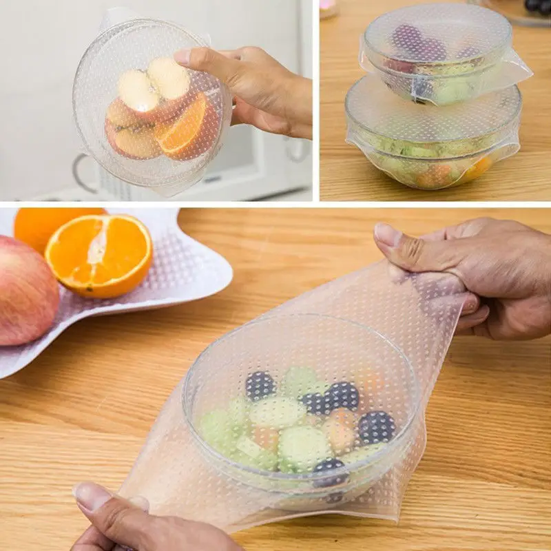 

Useful 4PCS Tool Silicone Wraps Seal Cover Stretch Cling Film Food Fresh To Keep Food Storage Bags